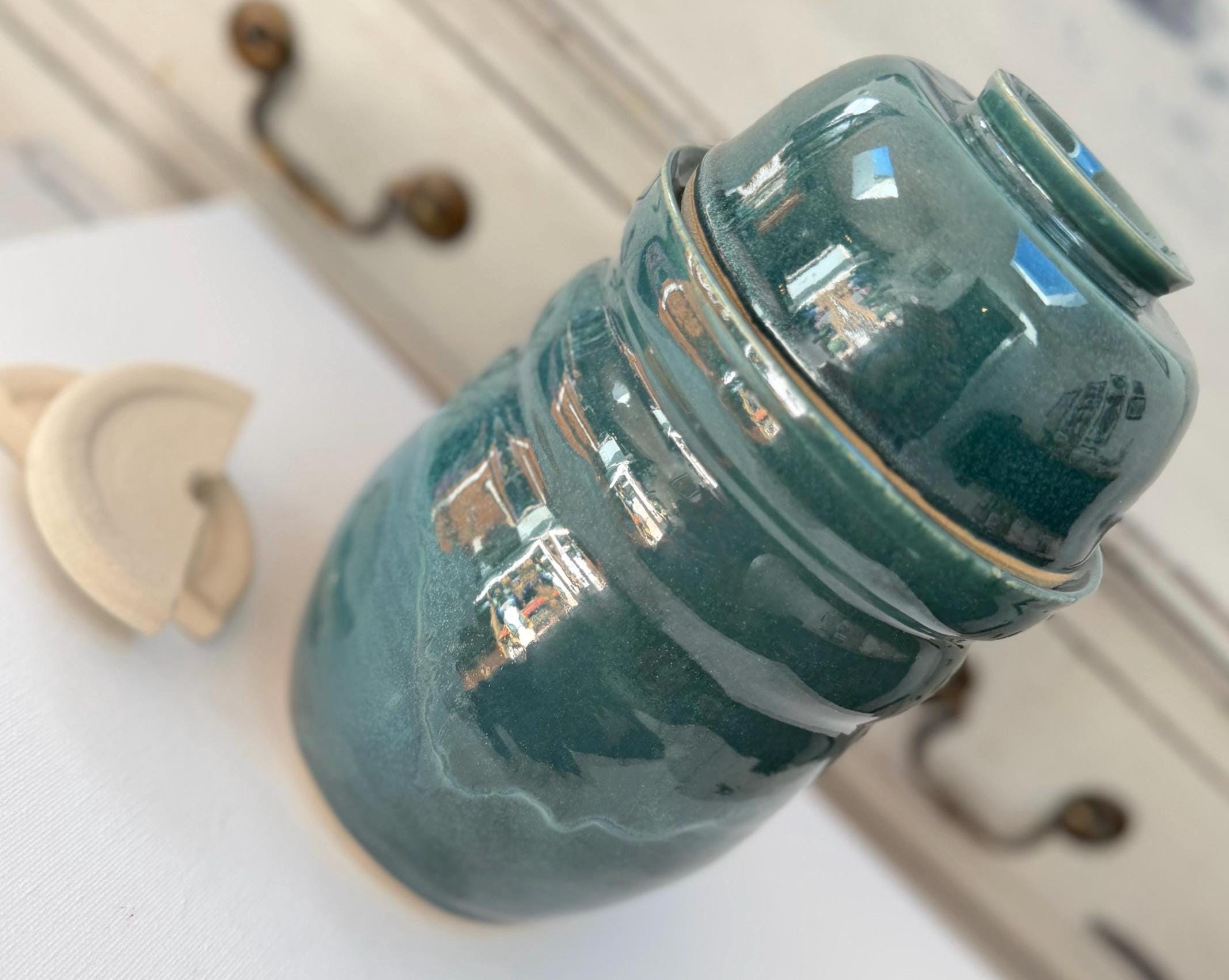 Handmade Ceramic Kimchi Fermentation Jar, Teal Green Stoneware Crock with Lid Bowl and Weights - Image 14