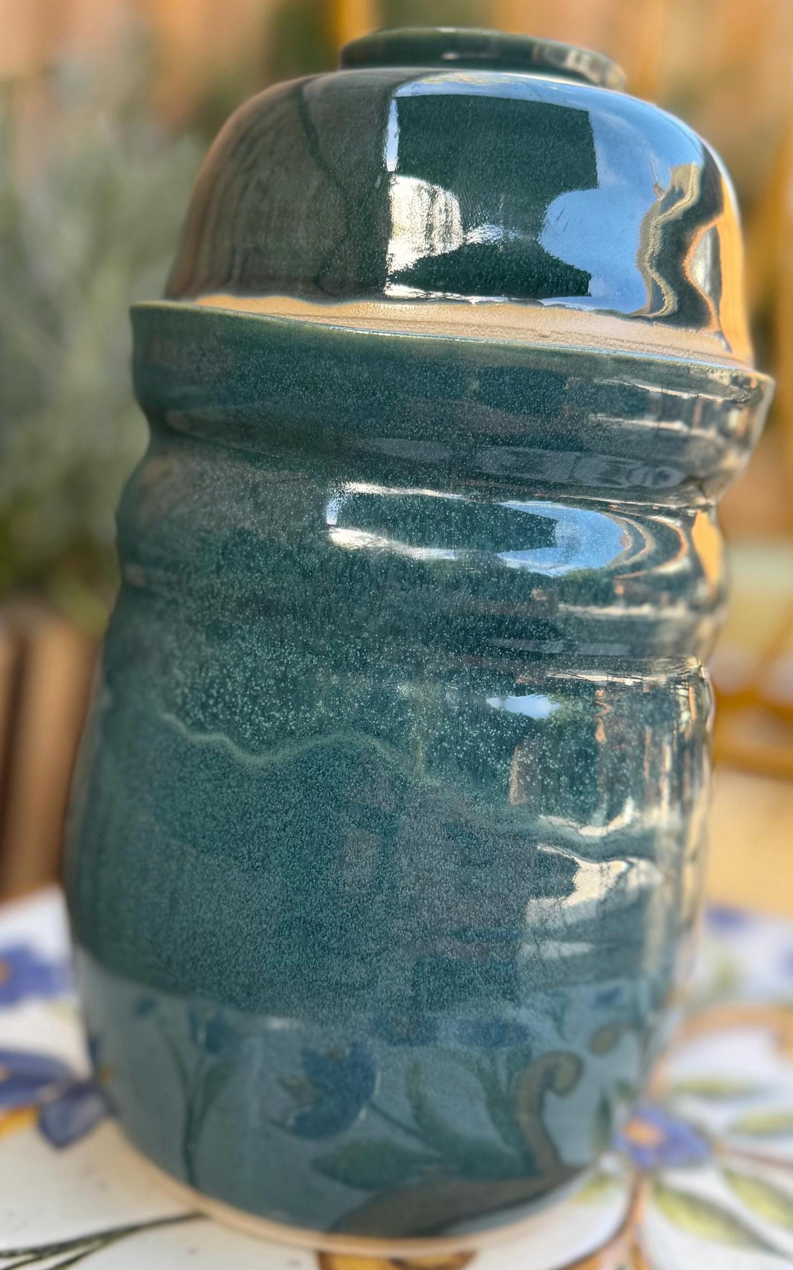 Handmade Ceramic Kimchi Fermentation Jar, Teal Green Stoneware Crock with Lid Bowl and Weights - Image 16