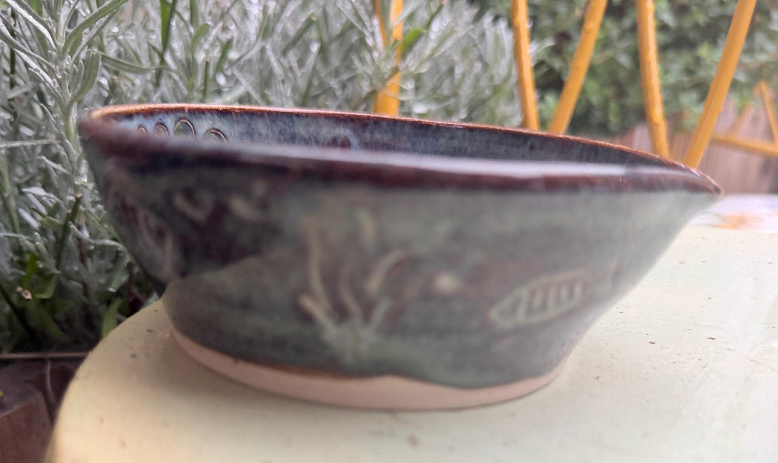 Handmade Blue Ceramic Garlic/ ginger Grater & Herb Stripper Bowl Stoneware Pottery - Image 5