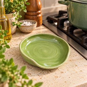 Handmade Green Stoneware Spoon Rest, Cotswolds Pottery Hob Tidy (12cm)