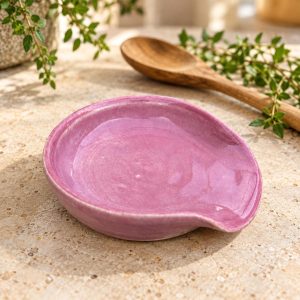Handmade Pink Ceramic Spoon Rest – Glossy pink Glaze, Finish (10cm)