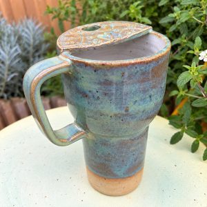Handmade Ceramic Travel Mug, Cat Motif, Blue Green Glaze, Artisan Pottery Cup