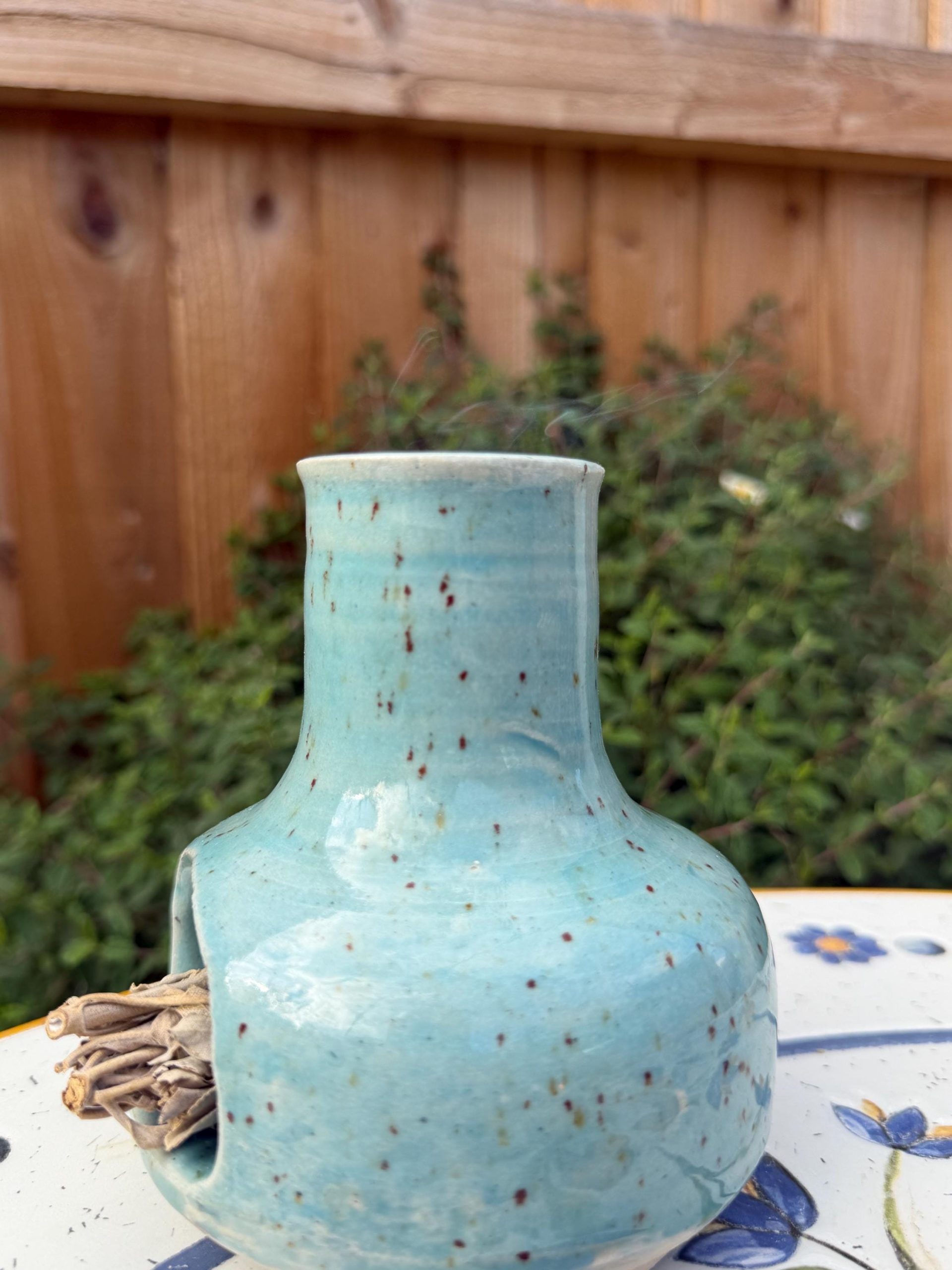 Handmade Ceramic Incense Burner, Speckled Turquoise Stoneware Chiminea - Image 6