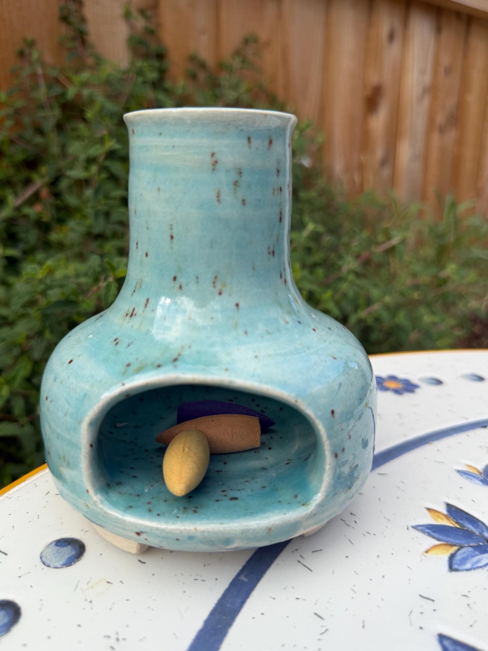 Handmade Ceramic Incense Burner, Speckled Turquoise Stoneware Chiminea - Image 18