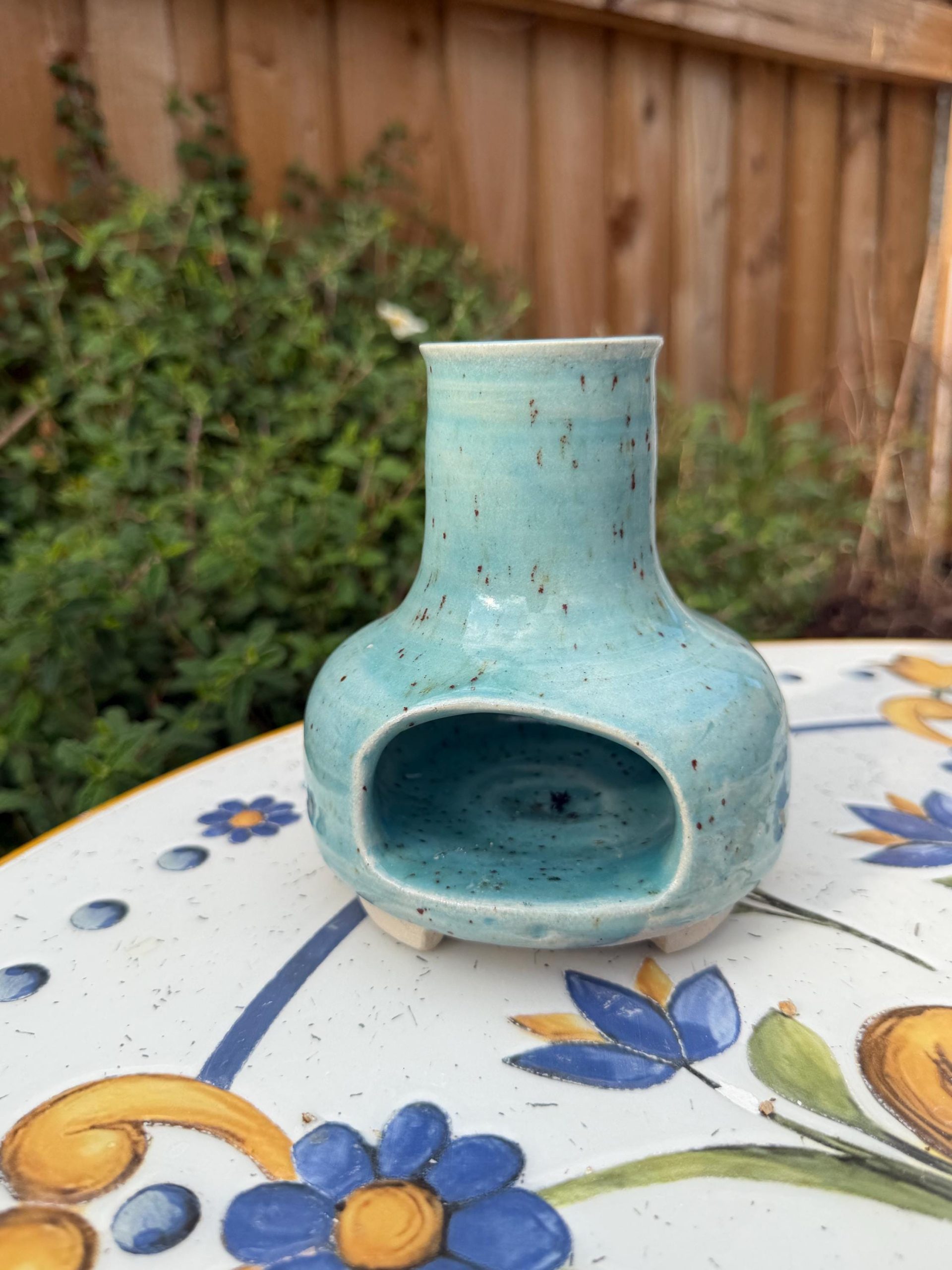 Handmade Ceramic Incense Burner, Speckled Turquoise Stoneware Chiminea - Image 4