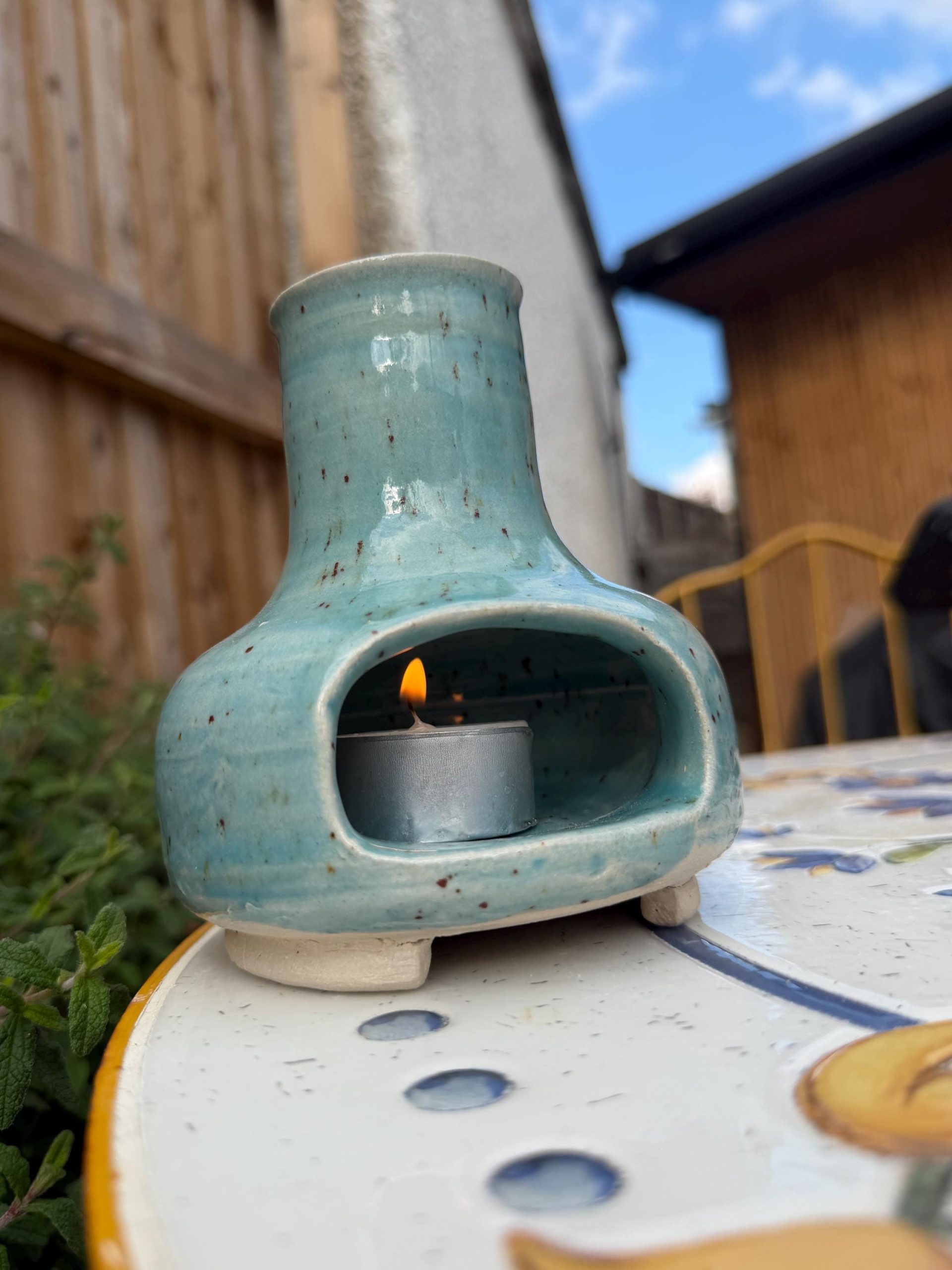 Handmade Ceramic Incense Burner, Speckled Turquoise Stoneware Chiminea - Image 7