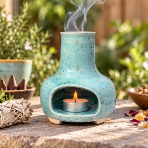 Handmade Ceramic Incense Burner, Speckled Turquoise Stoneware Chiminea