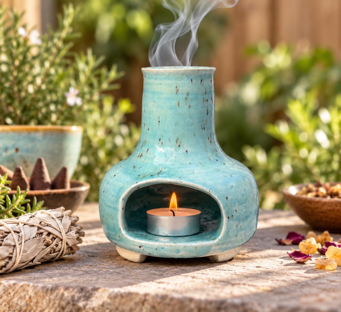Handmade Ceramic Incense Burner, Speckled Turquoise Stoneware Chiminea