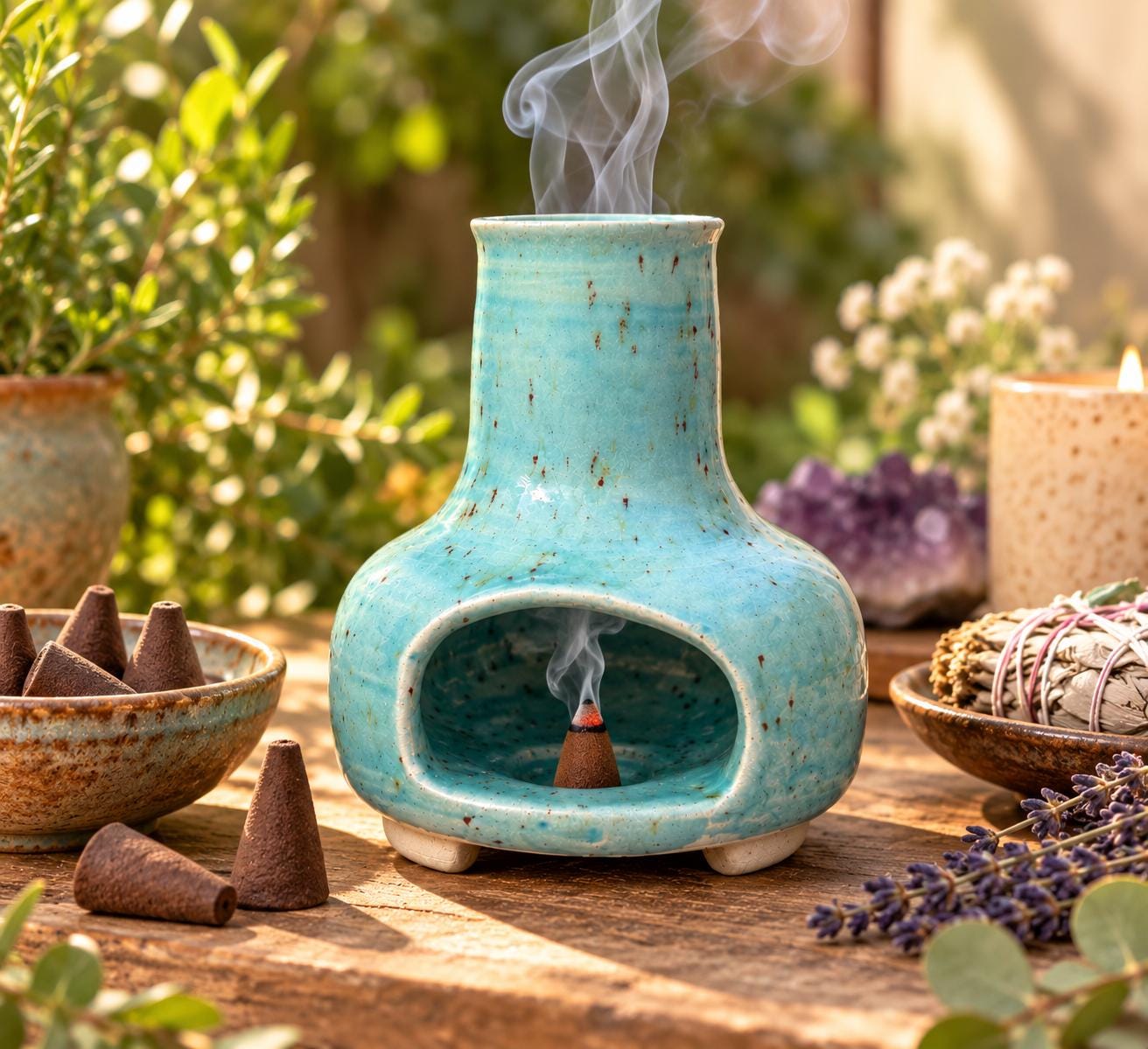 Handmade Ceramic Incense Burner, Speckled Turquoise Stoneware Chiminea - Image 3