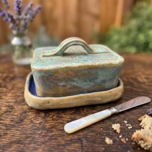 Handmade Ceramic Green Dish with Lid, Green Stoneware Pottery Butter Keeper, Rustic Country Kitchen Tableware, New Home