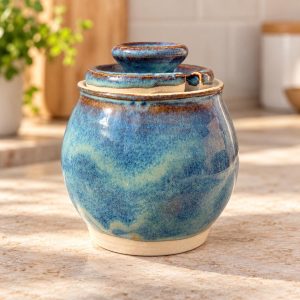 Handmade Blue Ceramic Storage Jar with Lid, 460ml Kitchen Canister