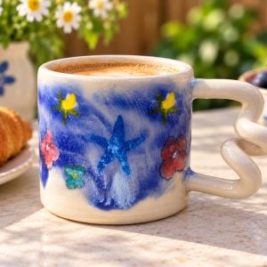 Handmade Ceramic Coffee Cup, Butterfly Mug with Sculptural Handle, Blue Purple Stoneware Pottery, 300ml Art Mug